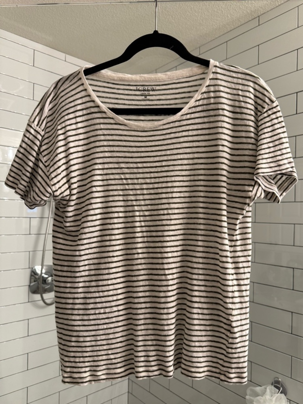 J Crew green and cream stripe linen tee
